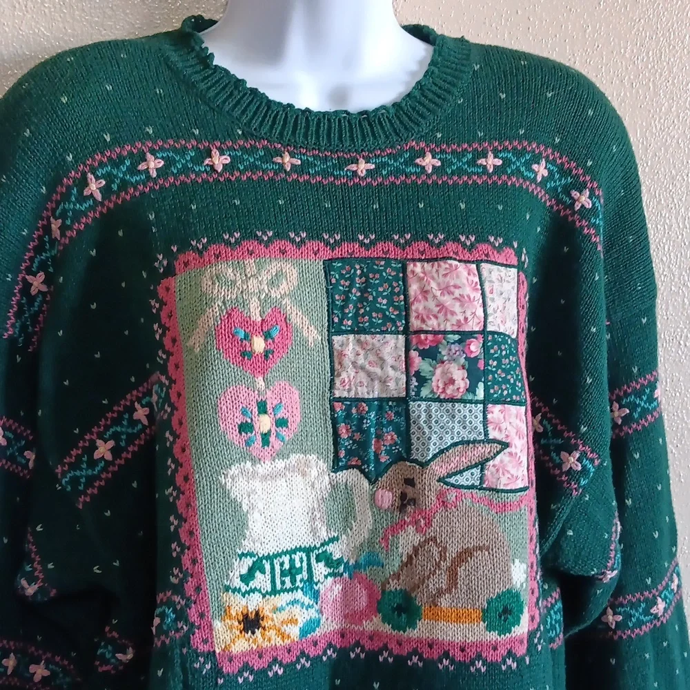 Northern Isles II Hand Embroidered Vintage Bunny Cottage Sweater Green Fall Knit - Picture 8 of 10
